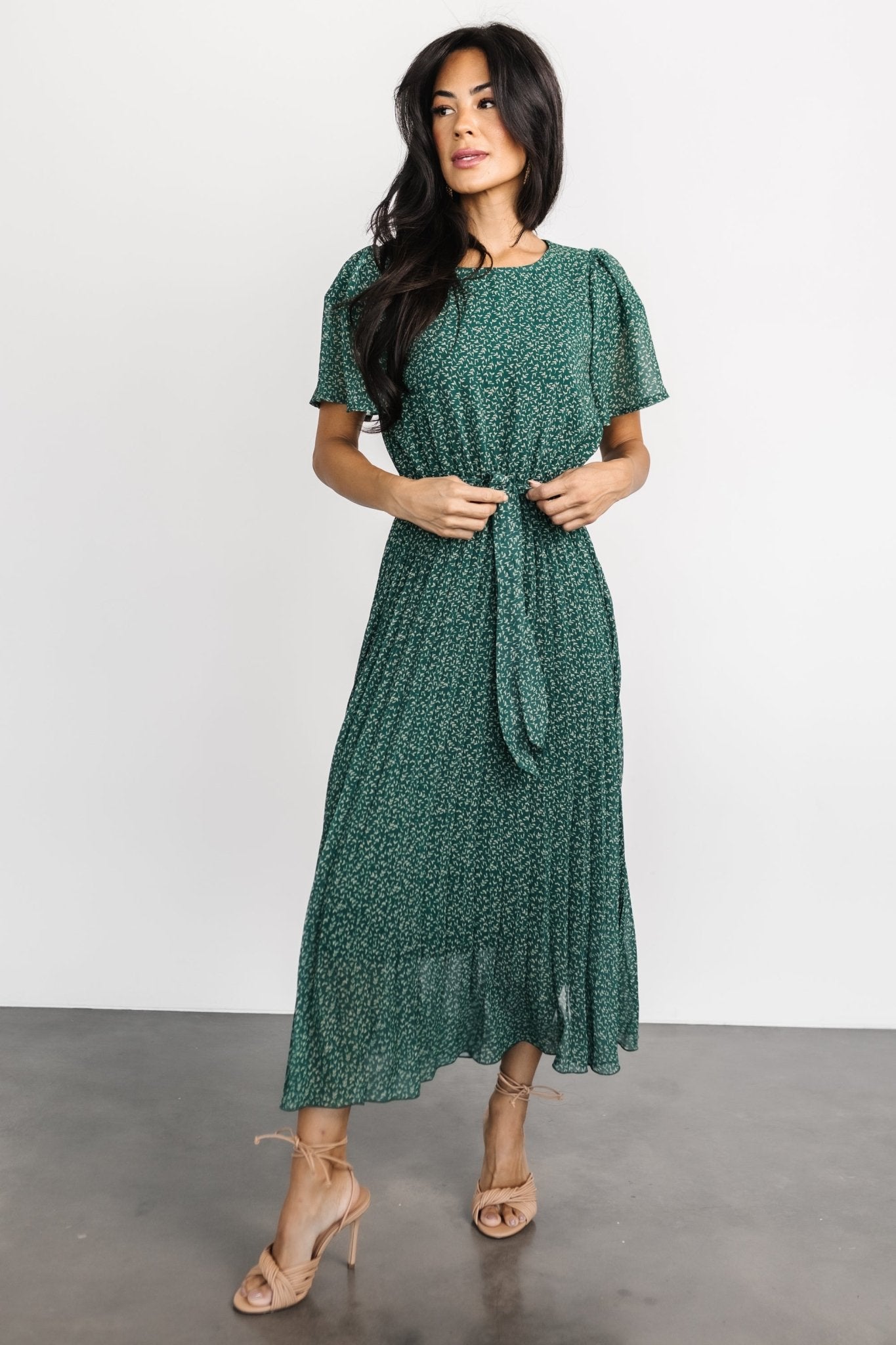 Prim Pleated Dress | Green Print-My Beautiful Style