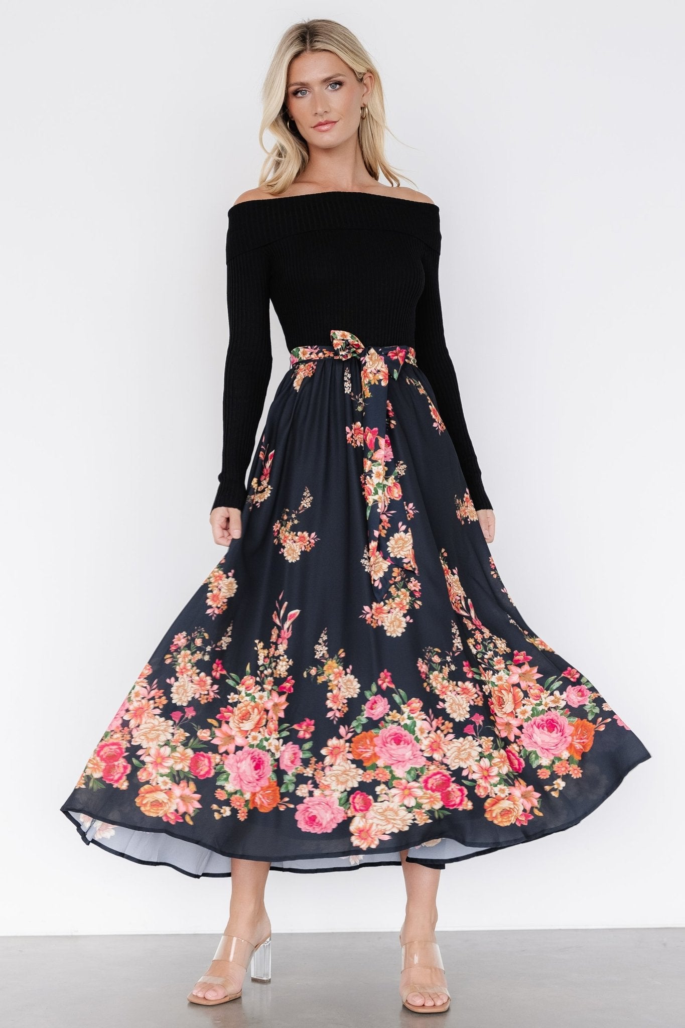 Qadira Off Shoulder Dress | Black + Multi Floral-My Beautiful Style