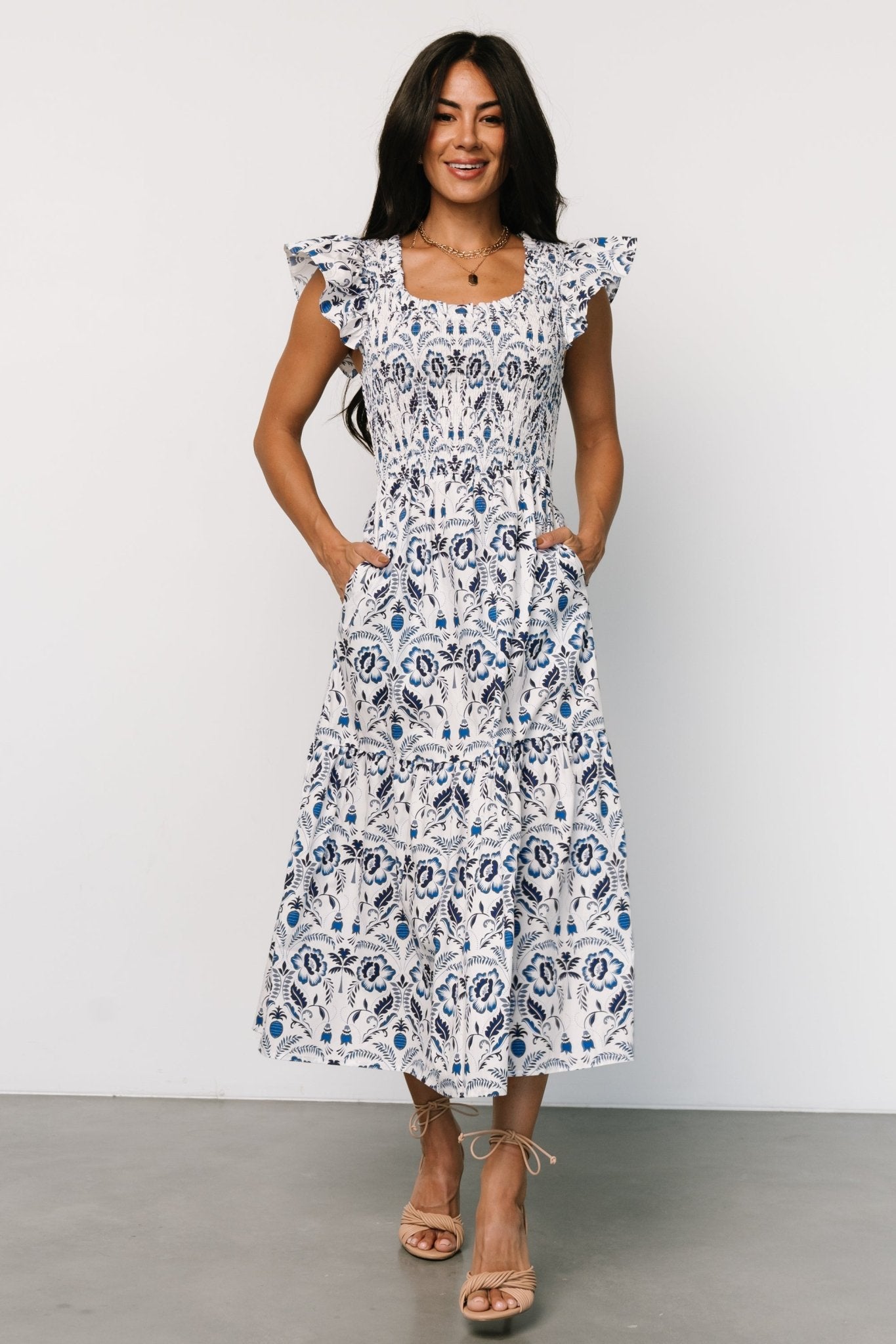 Rhodes Smocked Dress | White + Blue Print-My Beautiful Style