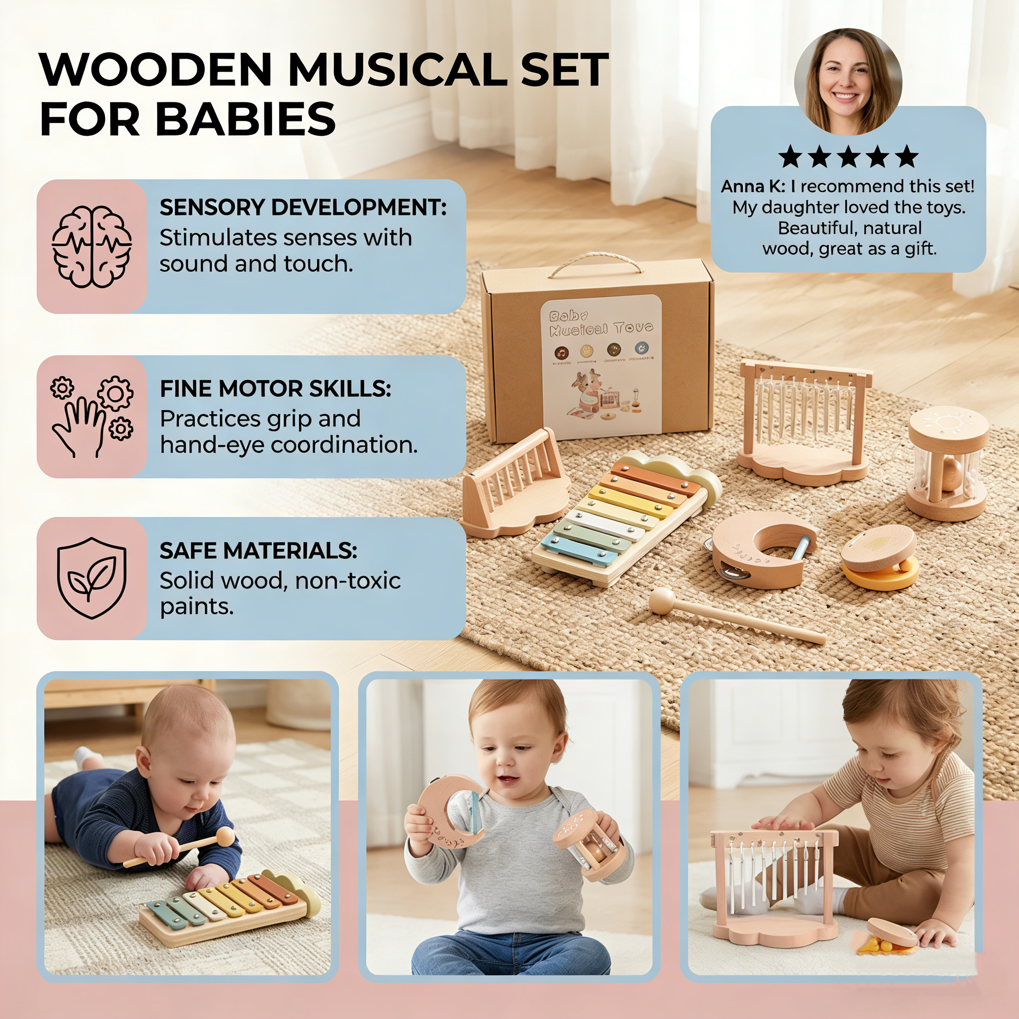 Wooden Instrument Set for Babies - 6-Piece Sensory Musical and Sound Toy