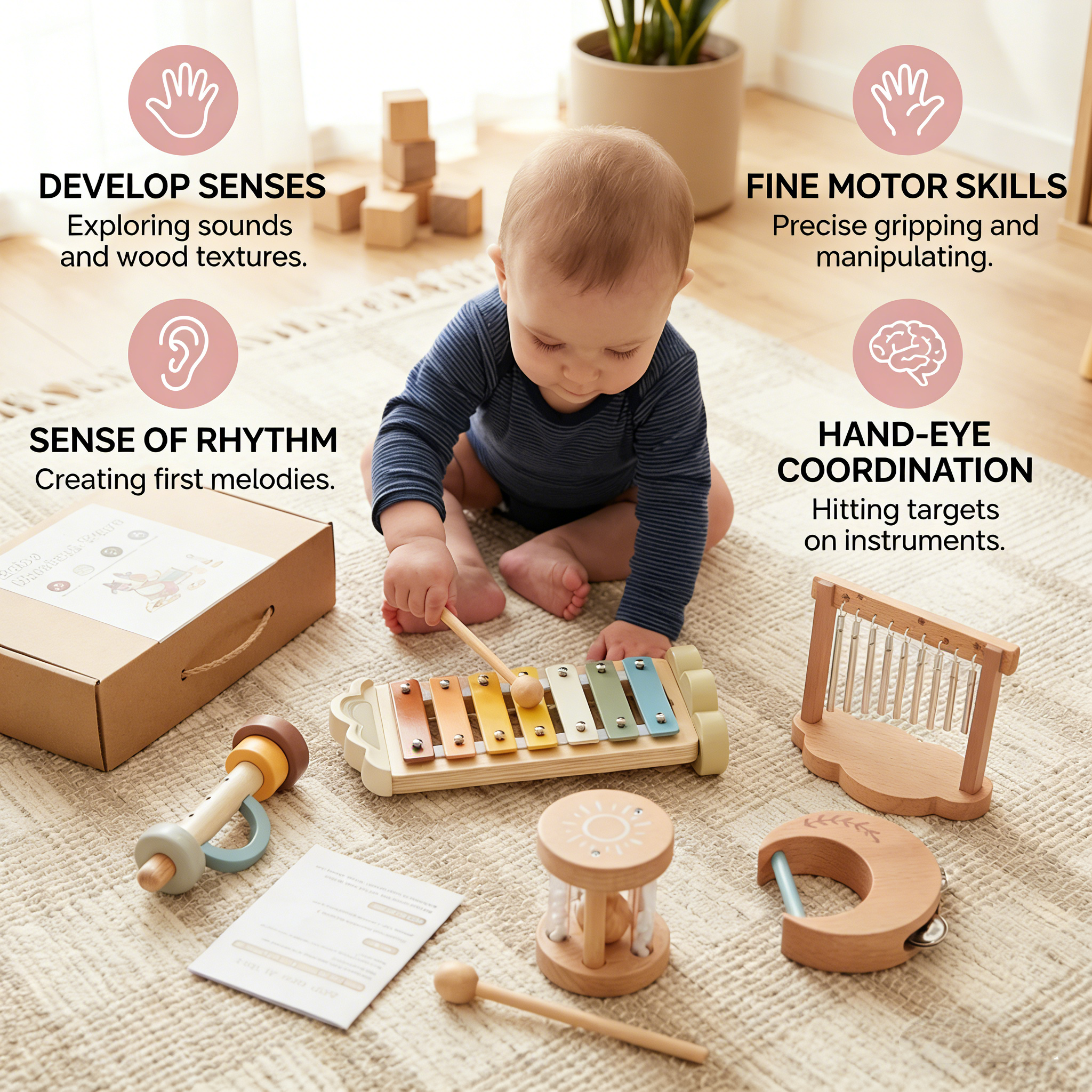 Wooden Instrument Set for Babies - 6-Piece Sensory Musical and Sound Toy