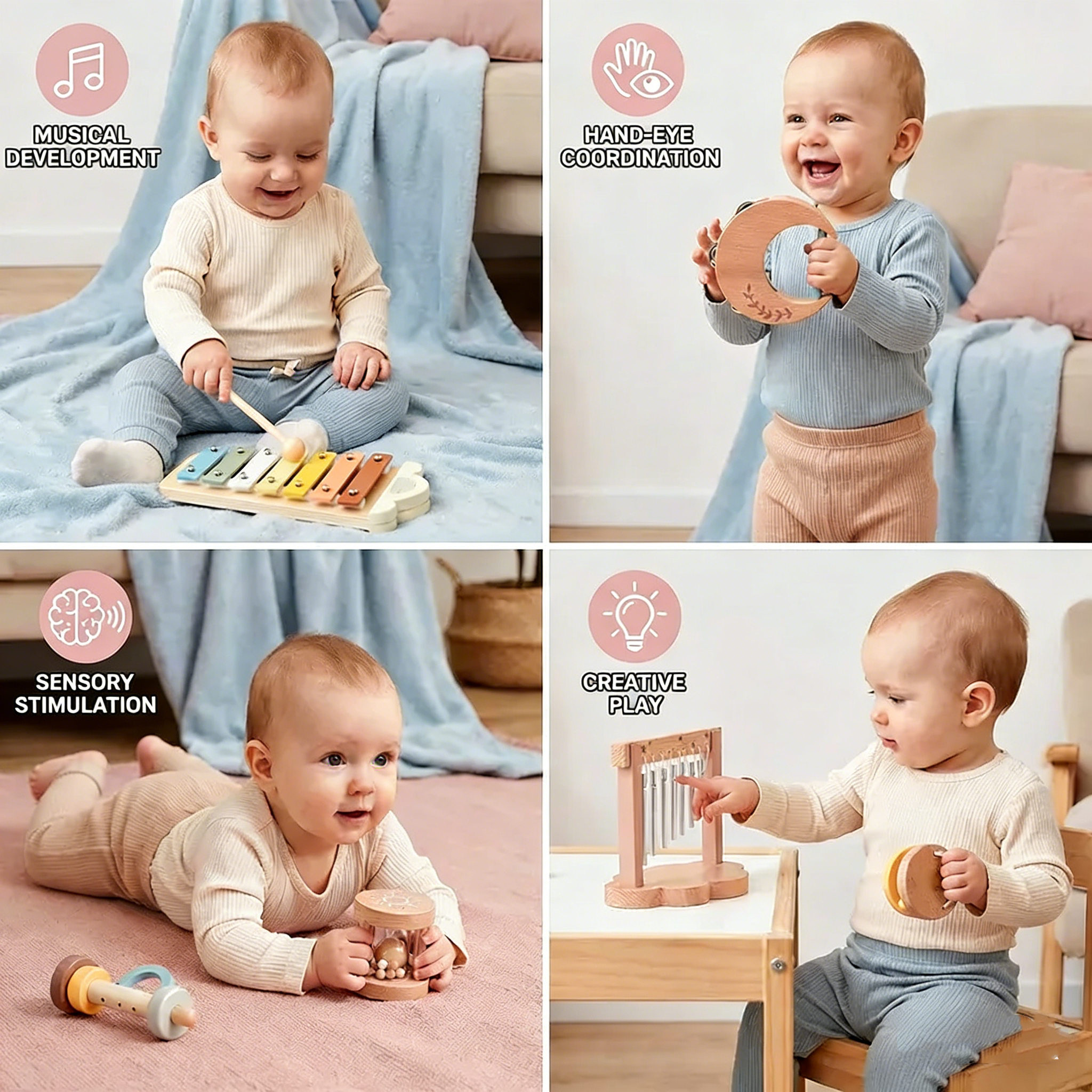 Wooden Instrument Set for Babies - 6-Piece Sensory Musical and Sound Toy