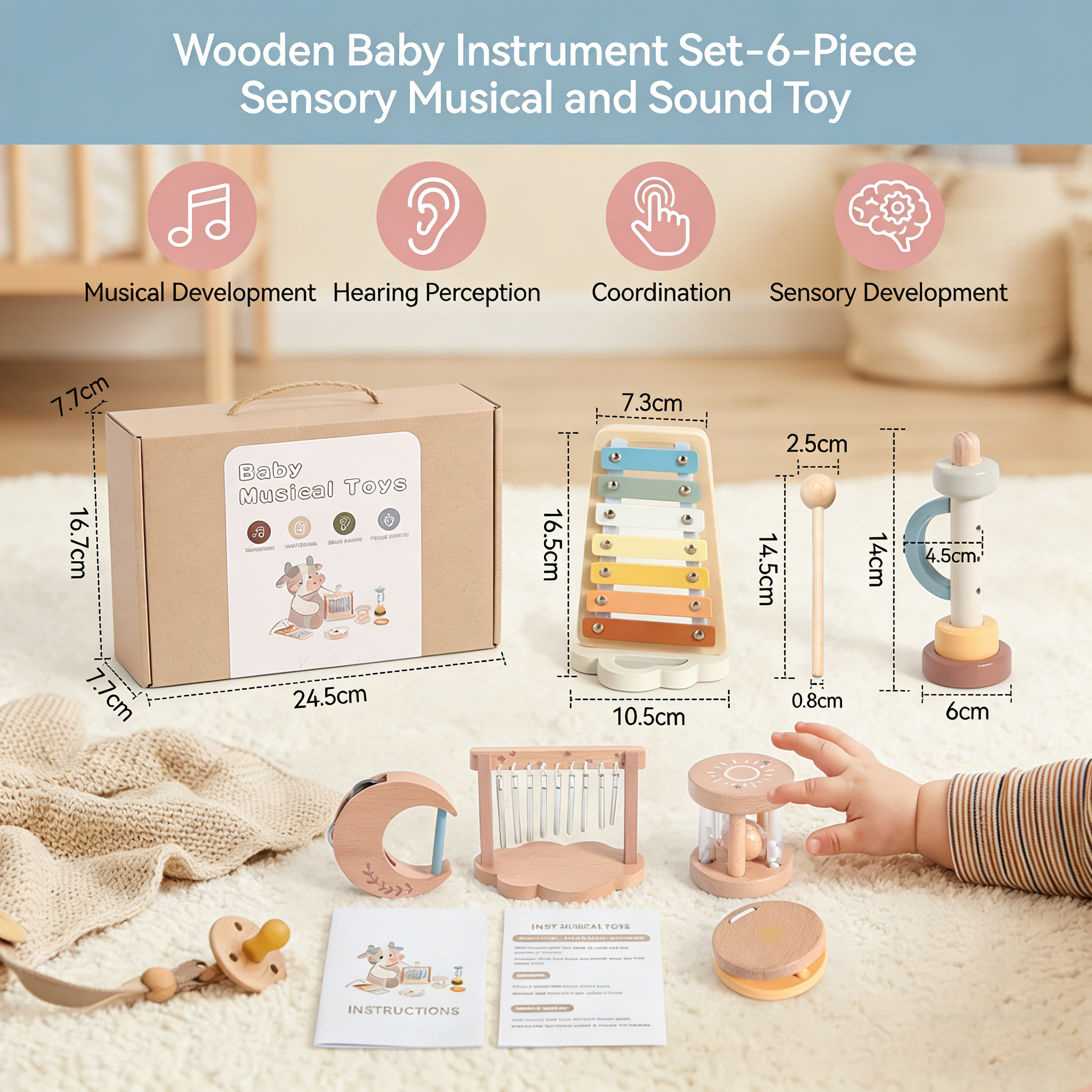 Wooden Instrument Set for Babies - 6-Piece Sensory Musical and Sound Toy