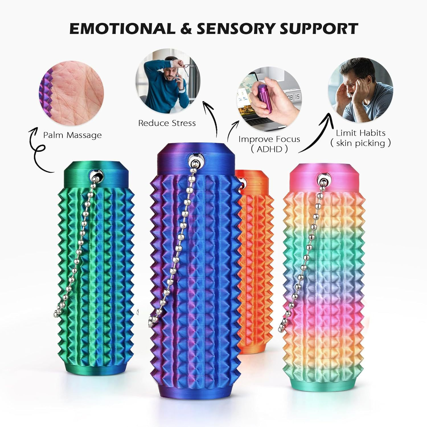 Pain Stim Fidget Toy with Press and Spin for ADHD,SH,3D Printed Portable Spiky Sensory keychain for Anxiety relief(9+)
