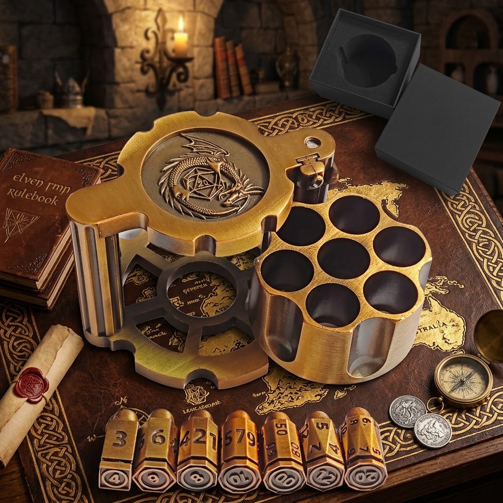 Revolver Metal Dice Set with Bullet Dice & Spinner Case – Roleplaying Game Accessories