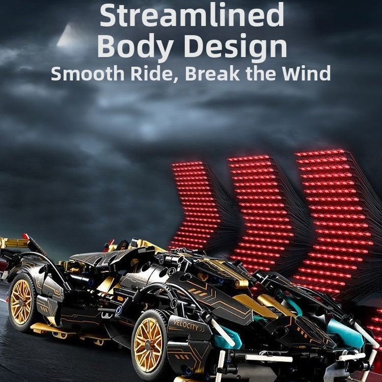🧩🎉V12 Black Gold Sports Car: Building Block Remote-Controlled Racing Car  Educational Assembly Toy 