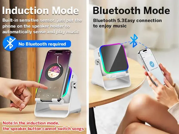 PUTARE Wireless Induction Audio Speaker Stand, 5in1 Cellphone Holder, 3500mAh Rechargeable Emergency Power Bank,360&deg; Adjustable Mobile Tablet Stand with Colorful Ambient Light Gifts for Men Women FathersDayGift SummerWins