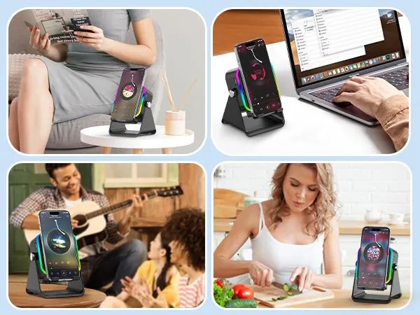 PUTARE Wireless Induction Audio Speaker Stand, 5in1 Cellphone Holder, 3500mAh Rechargeable Emergency Power Bank,360&deg; Adjustable Mobile Tablet Stand with Colorful Ambient Light Gifts for Men Women FathersDayGift SummerWins