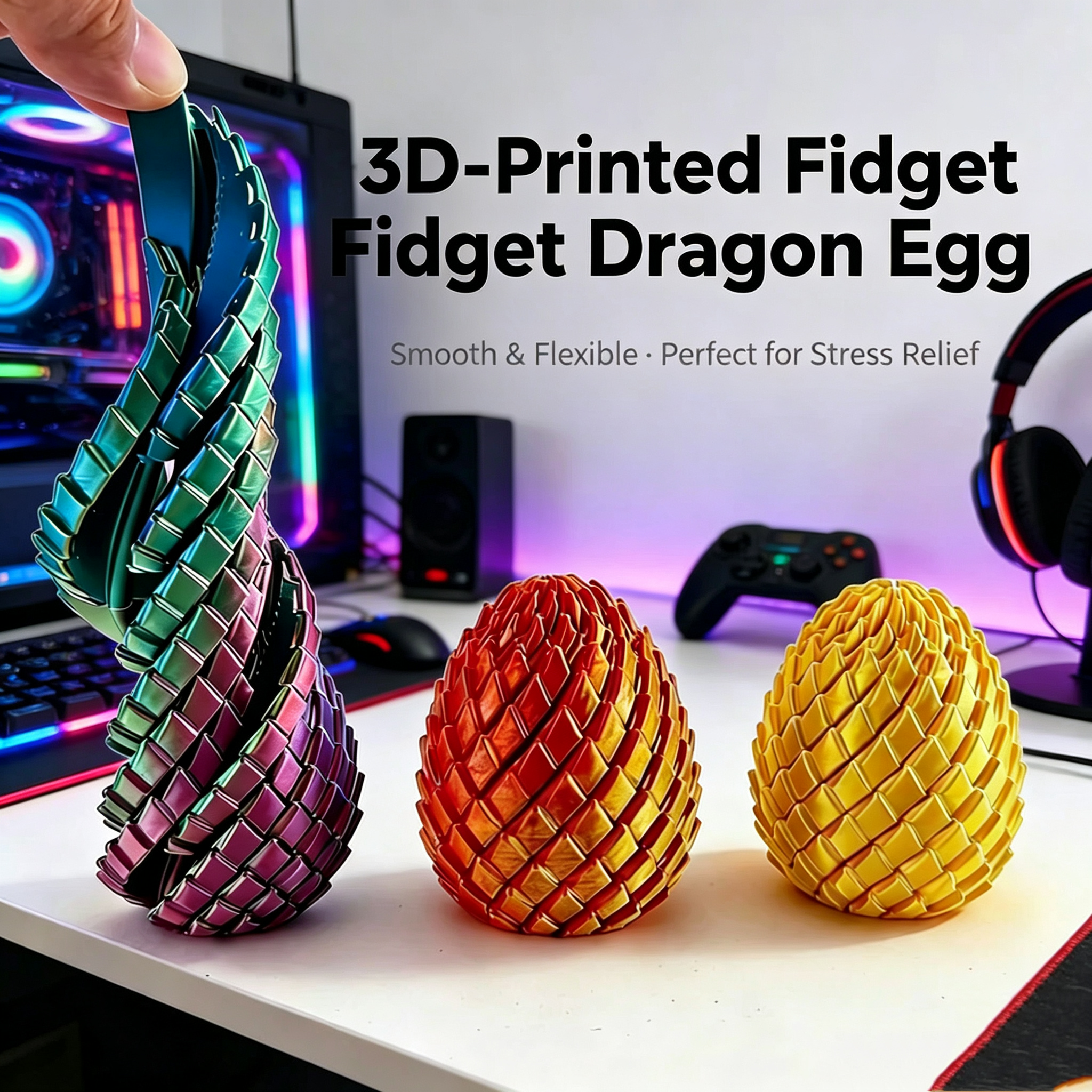 3D‑Printed Articulated Dragon Egg Fidget Toy, Pull & Twist Stress‑Relief Sensory Toy for Adults & Teens, Desk Decor Gift, Multiple Colors