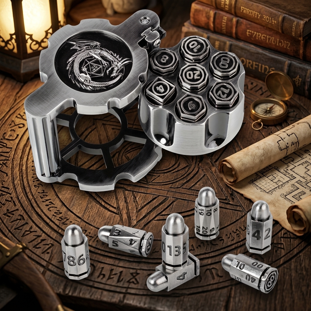 Revolver Metal Dice Set with Bullet Dice & Spinner Case – Roleplaying Game Accessories
