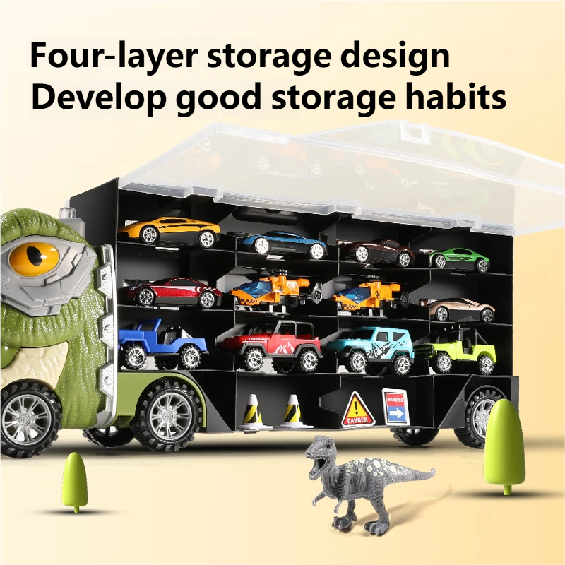 🦖🎁Dinosaur handheld container engineering vehicle double-sided storage alloy car children's inertial tractor transport vehicle boy's toy