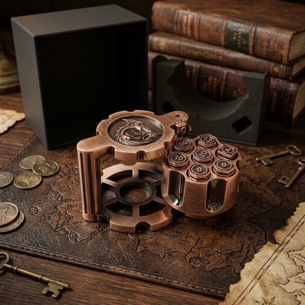 Revolver Metal Dice Set with Bullet Dice & Spinner Case – Roleplaying Game Accessories