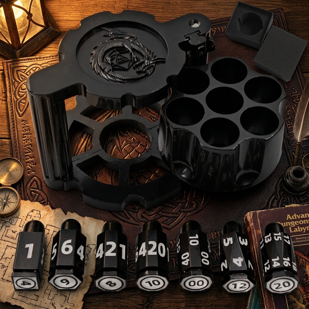 Revolver Metal Dice Set with Bullet Dice & Spinner Case – Roleplaying Game Accessories