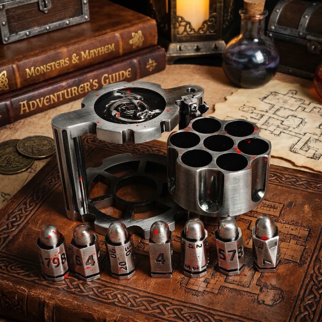 Revolver Metal Dice Set with Bullet Dice & Spinner Case – Roleplaying Game Accessories