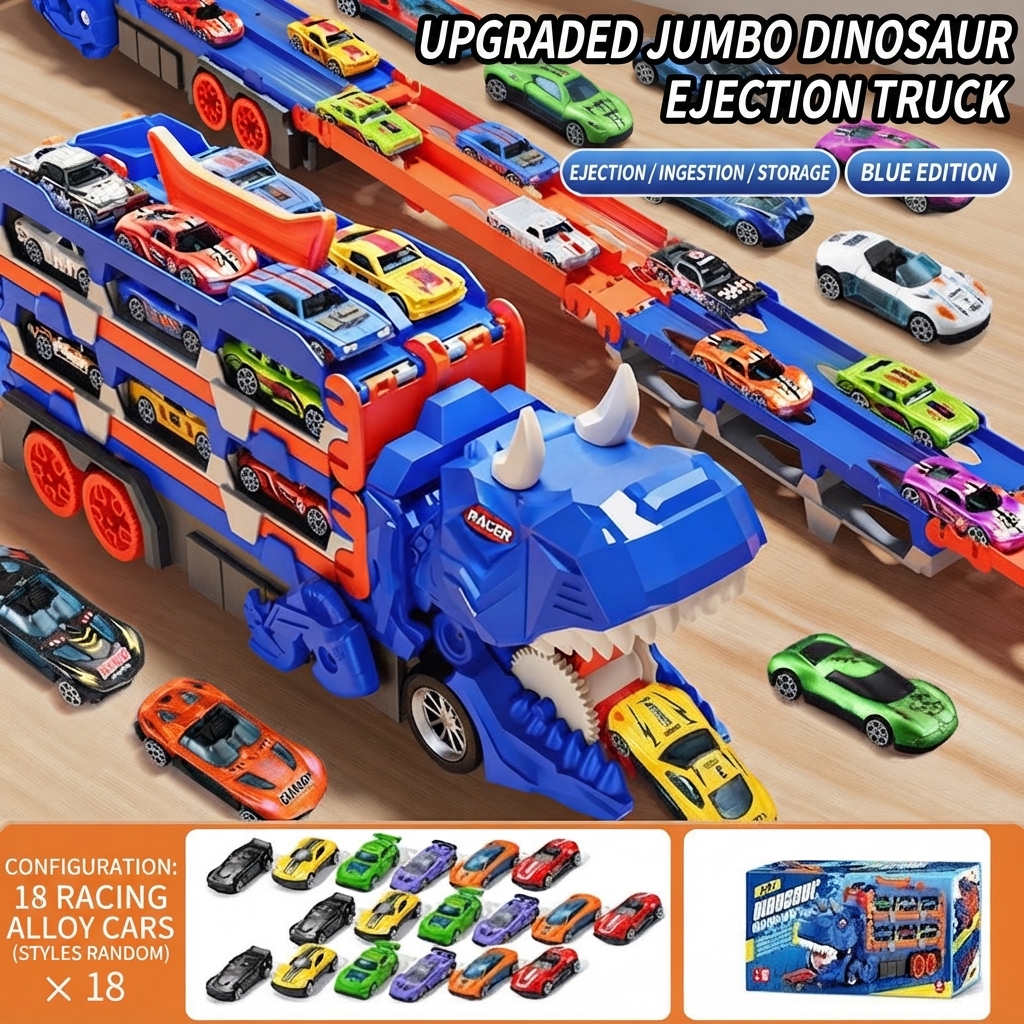 🦖 Giant Dinosaur Transport Car Toy 🚛 with Racing Cars 🏎️ — Interactive Ejection & Storage Playset for Kids 🎮