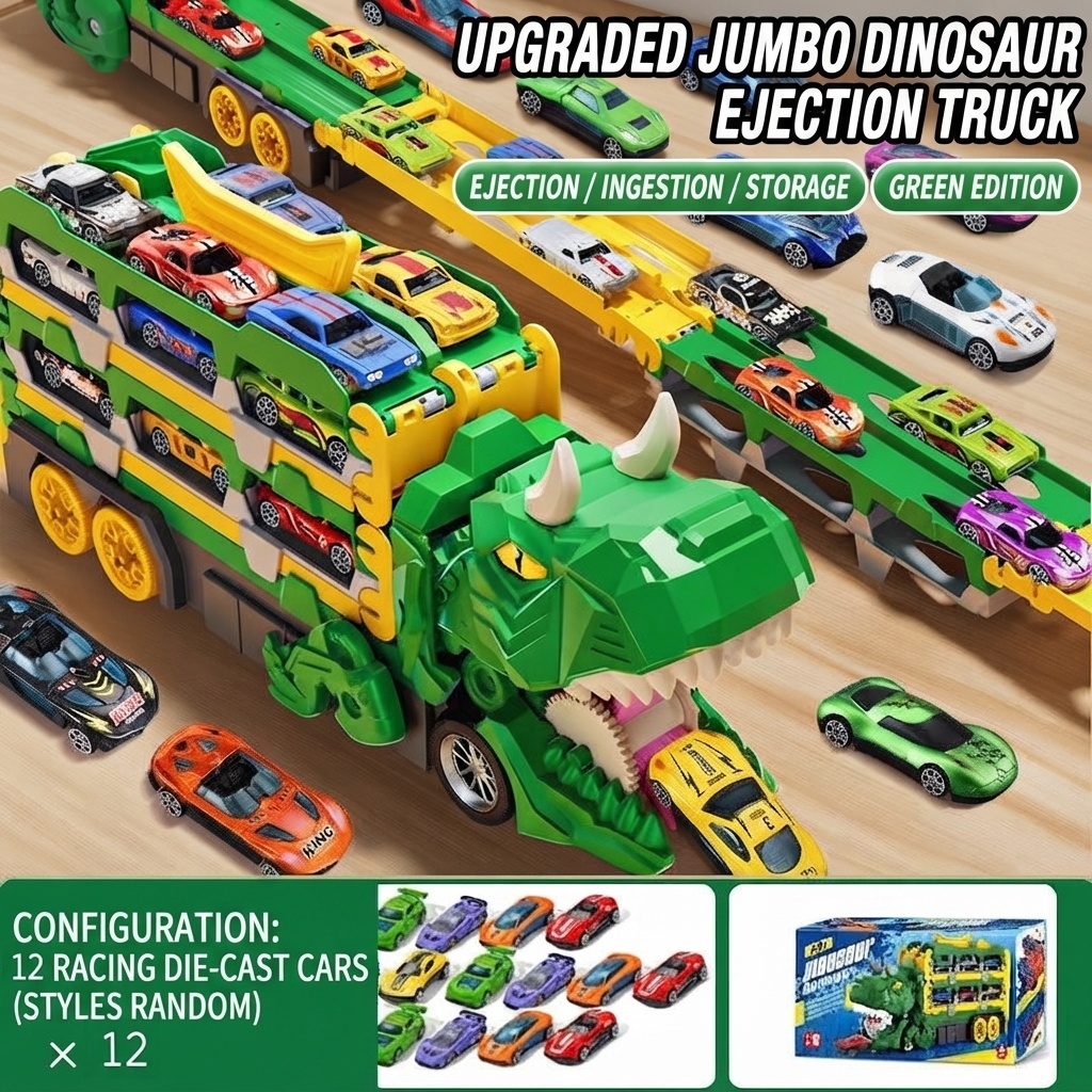 🦖 Giant Dinosaur Transport Car Toy 🚛 with Racing Cars 🏎️ — Interactive Ejection & Storage Playset for Kids 🎮