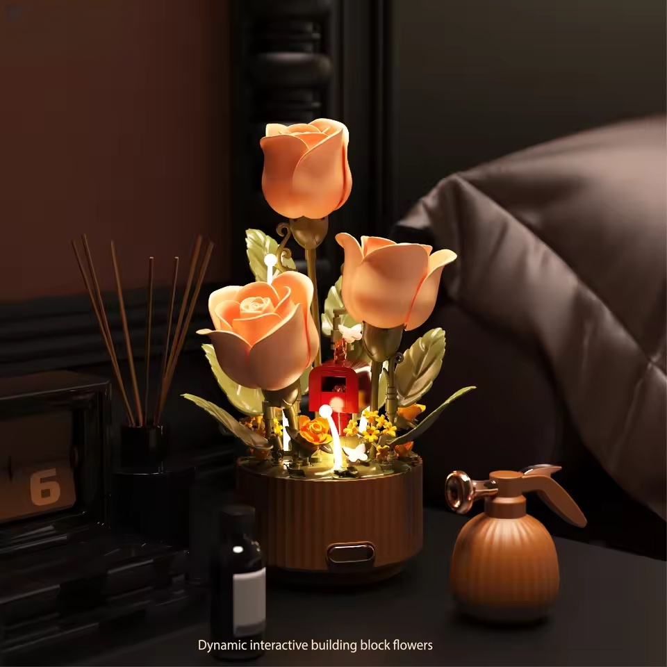 Dynamic Interactive Building Block Flower: Blooming for Love