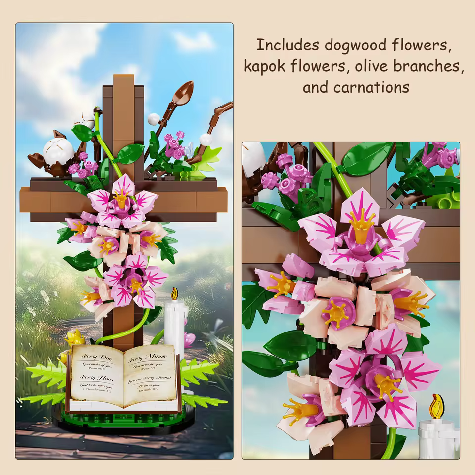 MOC Christianity Cross Flower Bouquet Bricks Model