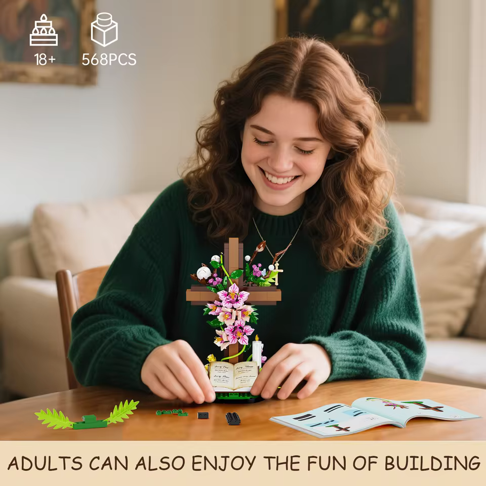 MOC Christianity Cross Flower Bouquet Bricks Model