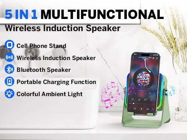 PUTARE Wireless Induction Audio Speaker Stand, 5in1 Cellphone Holder, 3500mAh Rechargeable Emergency Power Bank,360&deg; Adjustable Mobile Tablet Stand with Colorful Ambient Light Gifts for Men Women FathersDayGift SummerWins