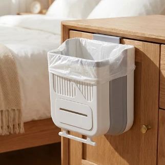🗑️No Drill Hanging Foldable Kitchen Trash Bin, Cabinet Door Mount Garbage Can for Food Waste, 7L