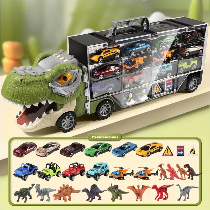 🦖🎁Dinosaur handheld container engineering vehicle double-sided storage alloy car children's inertial tractor transport vehicle boy's toy