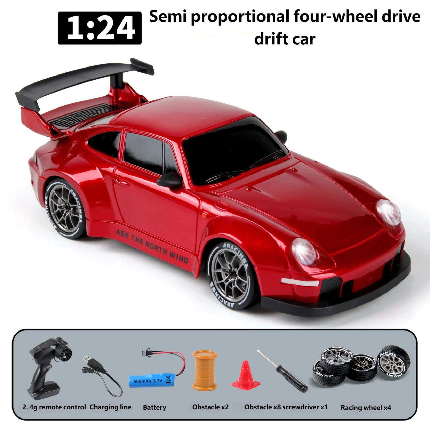 🚗🔧 4WD High-SpeedDrift RC Car ，LED Headlights，🎁 Gift Mountain Tires + Racing Tires