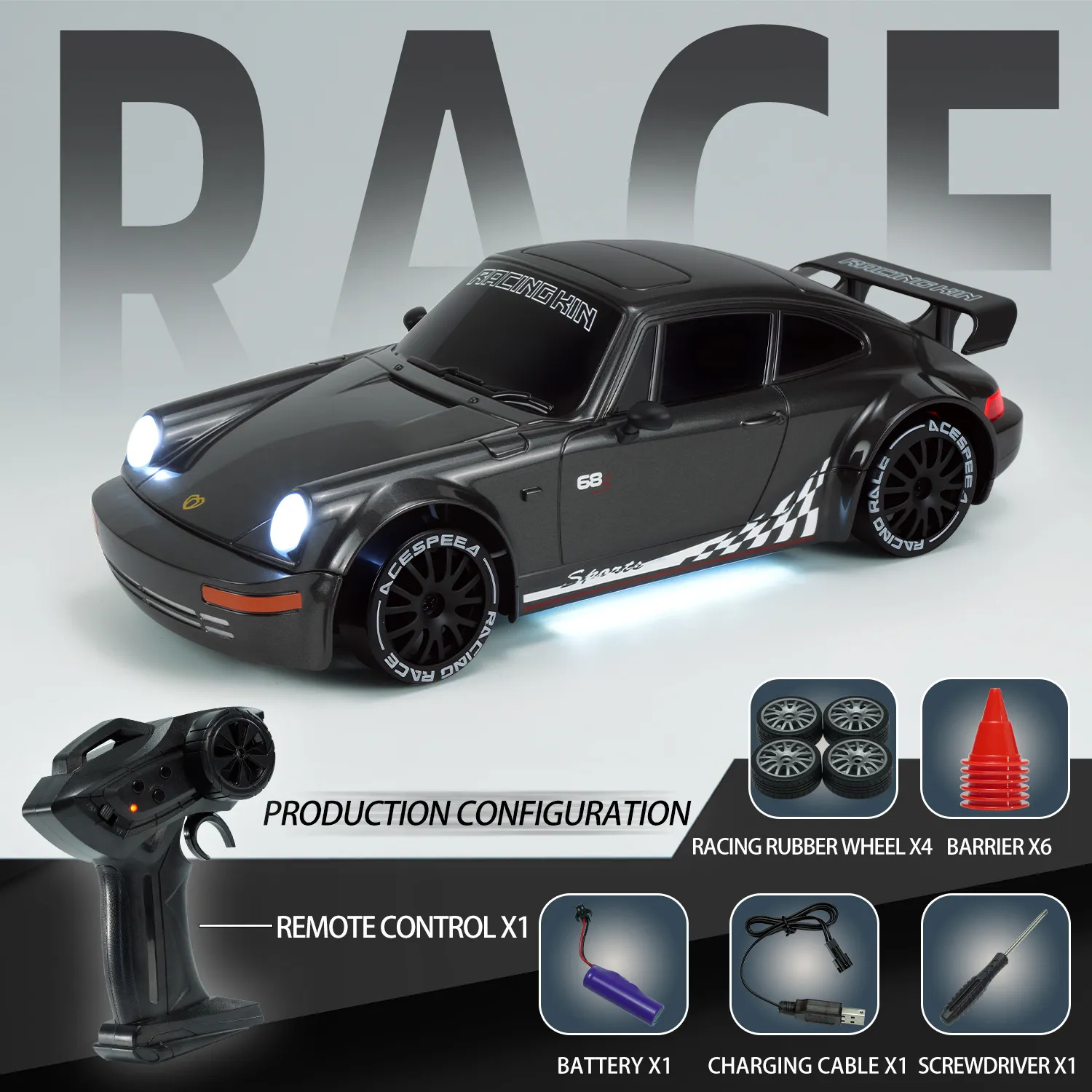 🏎️1:20 Scale 4WD High-Speed，Drift RC Car ，LED Headlights，🎁 Gift Racing Wheels ×4 Obstacles ×6