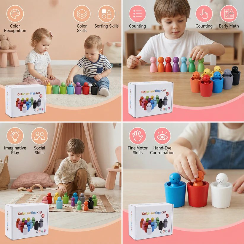 Montessori Wooden Colour Sorting Cup Game