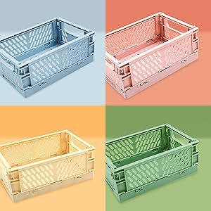 4-Piece Set Mini Basket Plastic Suitable for Shelves Home Kitchen Storage Box Storage Box Stackable Folding Storage Basket Suitable for Classroom Bedroom Bathroom Office (5.9 x 3.8 x 2.2)