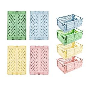 4-Piece Set Mini Basket Plastic Suitable for Shelves Home Kitchen Storage Box Storage Box Stackable Folding Storage Basket Suitable for Classroom Bedroom Bathroom Office (5.9 x 3.8 x 2.2)