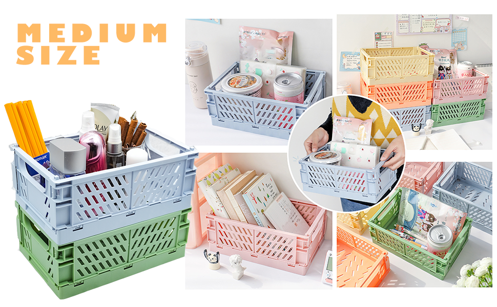 4-Piece Set Mini Basket Plastic Suitable for Shelves Home Kitchen Storage Box Storage Box Stackable Folding Storage Basket Suitable for Classroom Bedroom Bathroom Office (5.9 x 3.8 x 2.2)