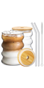 2-Piece Drinking Glass with Glass Straw 14 Ounces Glassware Set Cocktail Glass Iced Coffee Glass Beer Glass Suitable for Water Soda Tea Gift With Cleaning Brush