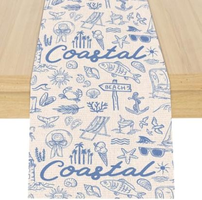 Summer Coastal Table Runner Beach Decorations for Home Seasonal Holiday Party Decor Decoration for Kitchen Dining Room Runner for Seashell Starfish Table 13x72 Inch