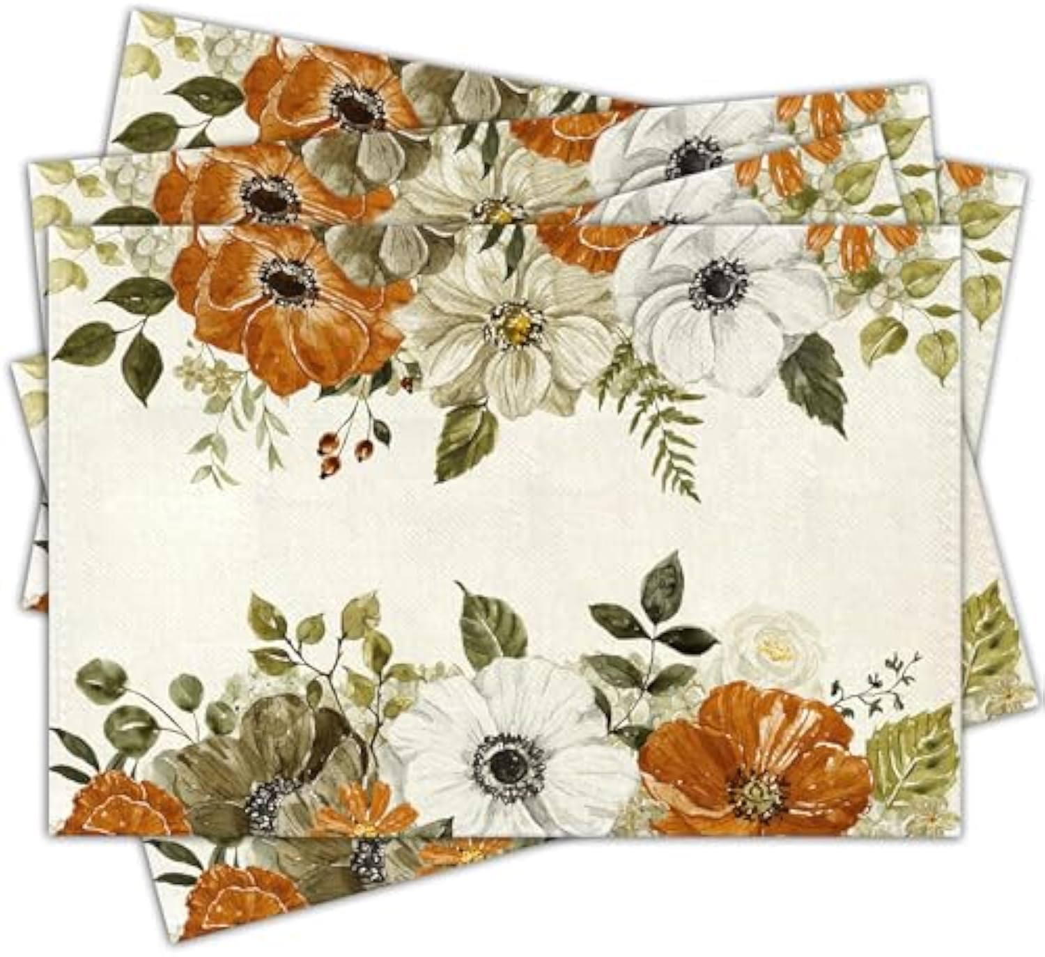 Fall Flower Placemats Set of 4, 12x18 Inch Floral Blossom Place Mats, Washable Heat Resistant Place Mats for Home Kitchen Dining Farmhouse Table, Floral Seasonal Decor-A19