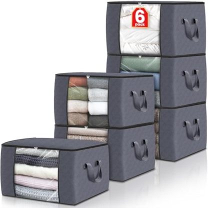 6-Pack Clothing Storage, Folding Blanket Storage Bags for Organizing Bedroom, Wardrobe, Clothes, Quilts, Organizing and Storage, with Lid and Handle, Gray