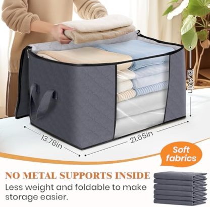 6-Pack Clothing Storage, Folding Blanket Storage Bags for Organizing Bedroom, Wardrobe, Clothes, Quilts, Organizing and Storage, with Lid and Handle, Gray