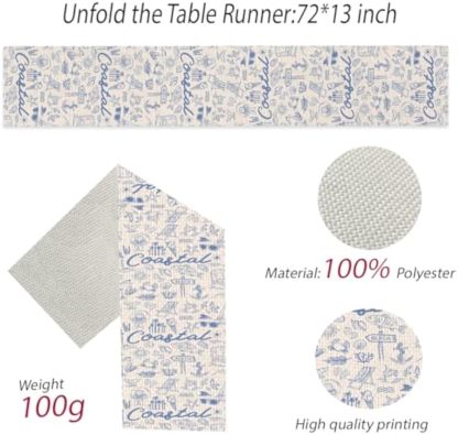 Summer Coastal Table Runner Beach Decorations for Home Seasonal Holiday Party Decor Decoration for Kitchen Dining Room Runner for Seashell Starfish Table 13x72 Inch