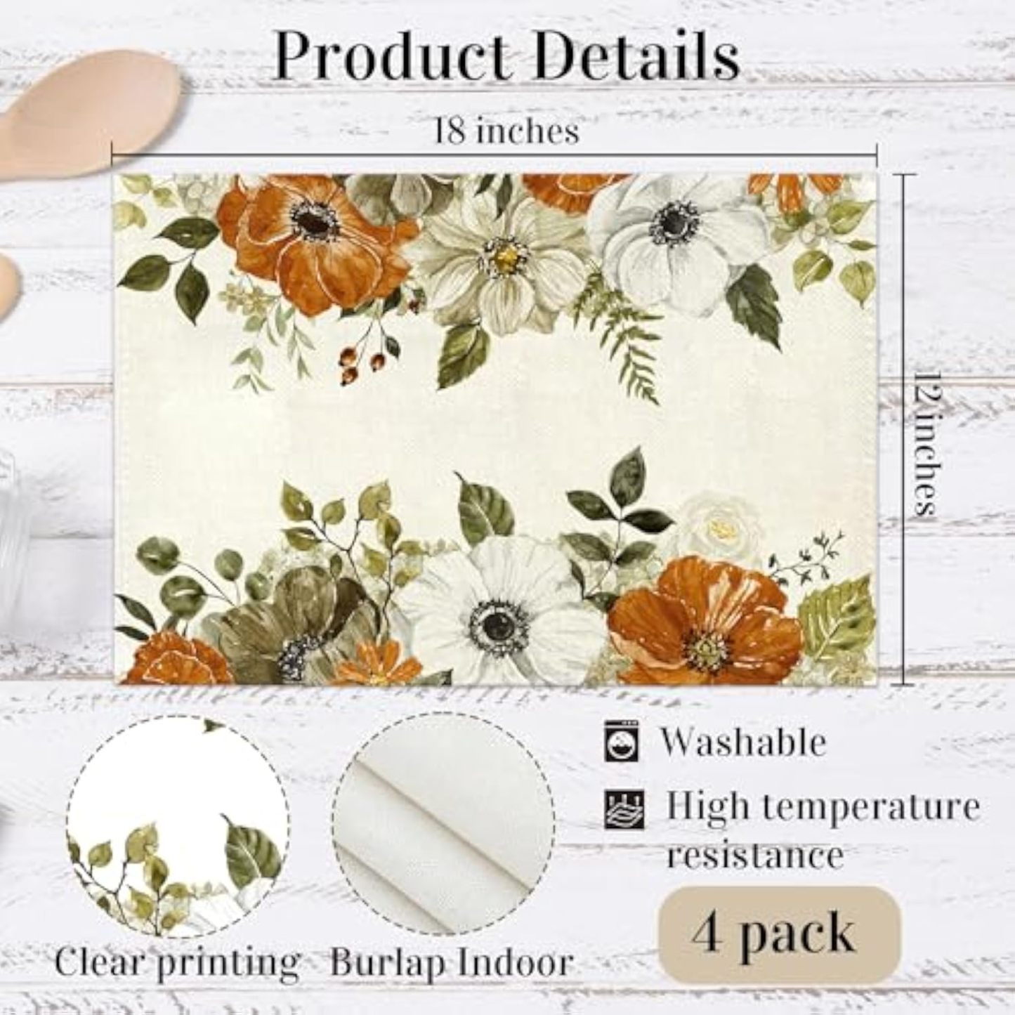 Fall Flower Placemats Set of 4, 12x18 Inch Floral Blossom Place Mats, Washable Heat Resistant Place Mats for Home Kitchen Dining Farmhouse Table, Floral Seasonal Decor-A19