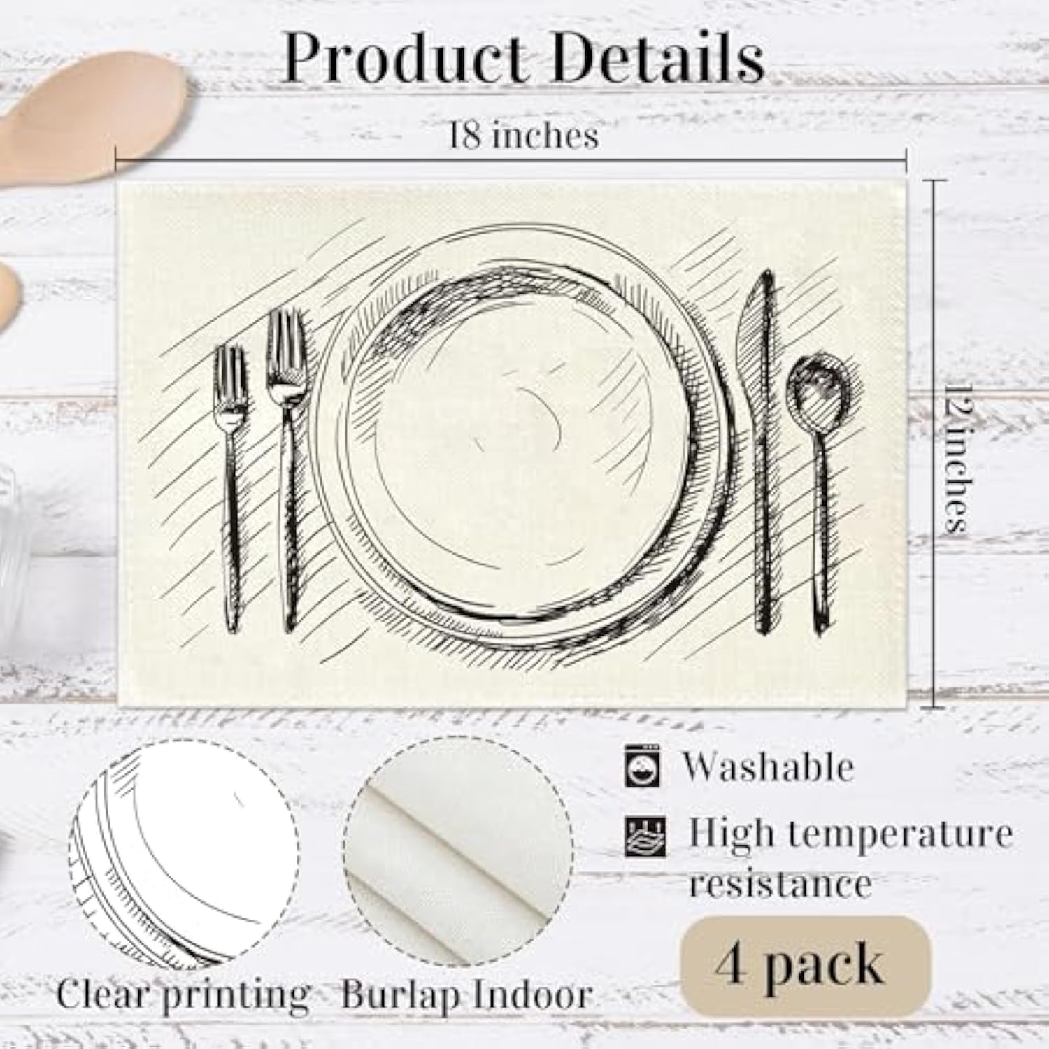 Minimalist White Table Mat Set of 4, 12x18 Inch Rustic Home Decorative Placemats, Washable Heat Resistant Place Mats Decor for Kitchen Dining Farmhouse-A10