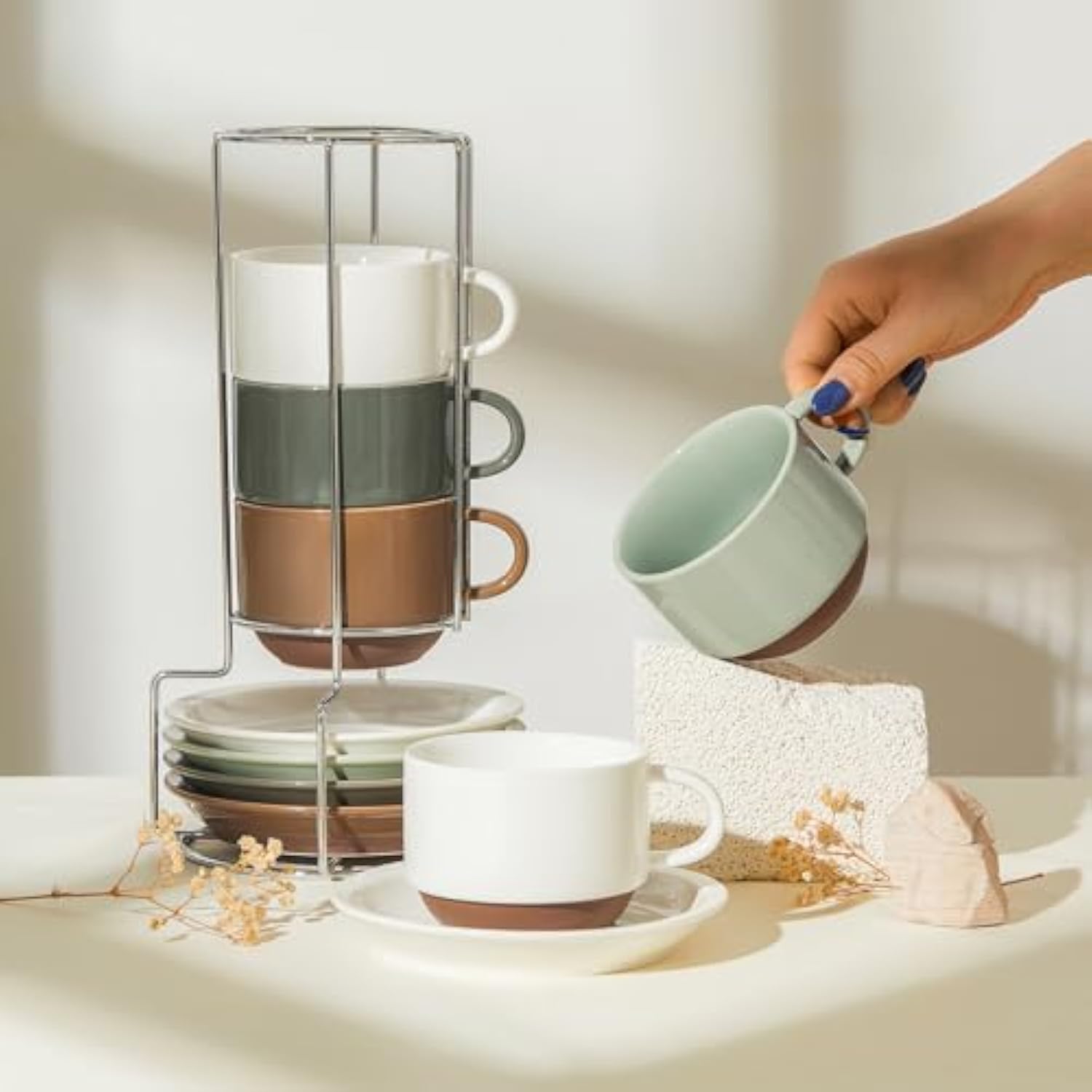 8 oz Cappuccino Coffee Cup Set of 4, Porcelain Stackable Coffee Cups with Saucers and Metal Stands, Multicolor