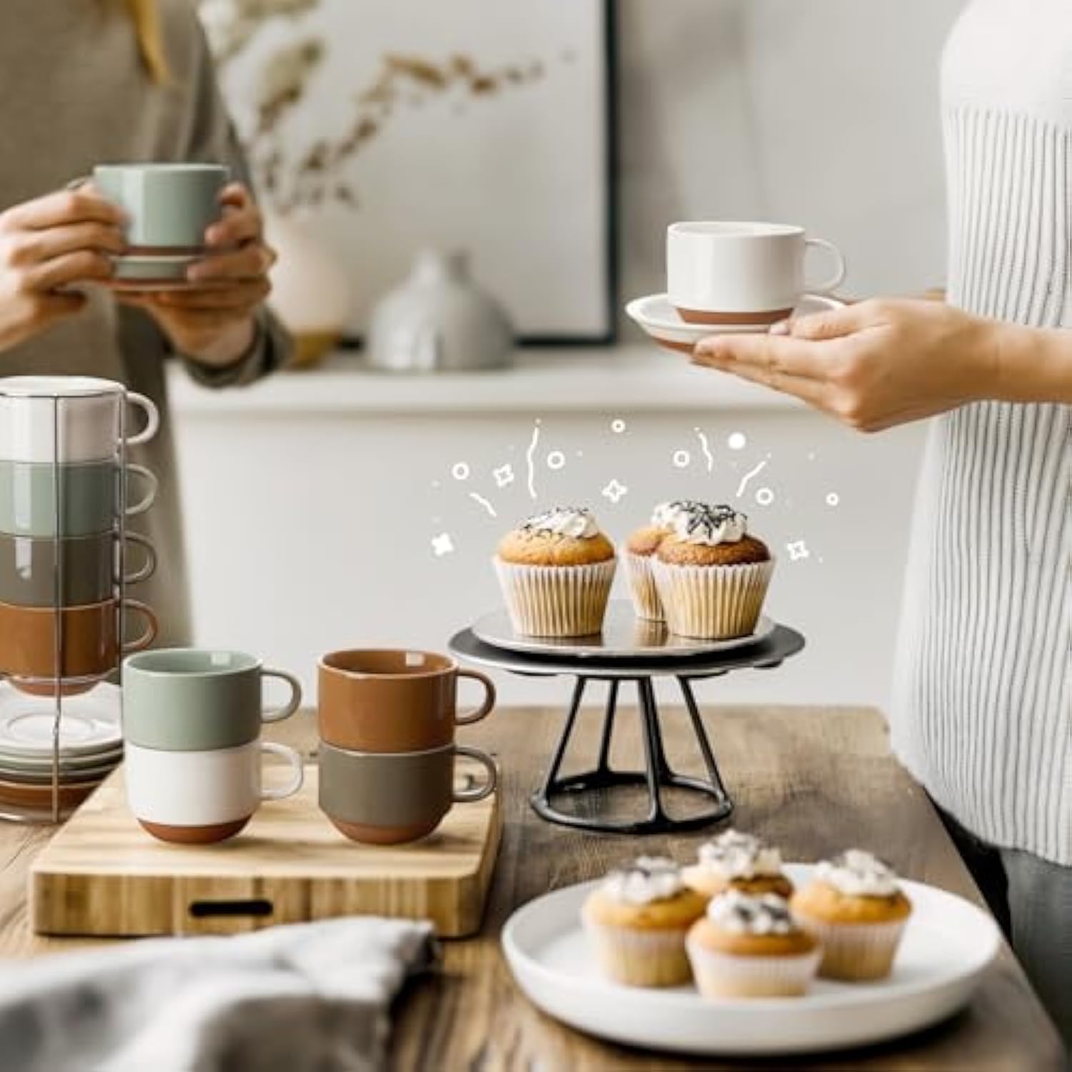8 oz Cappuccino Coffee Cup Set of 4, Porcelain Stackable Coffee Cups with Saucers and Metal Stands, Multicolor
