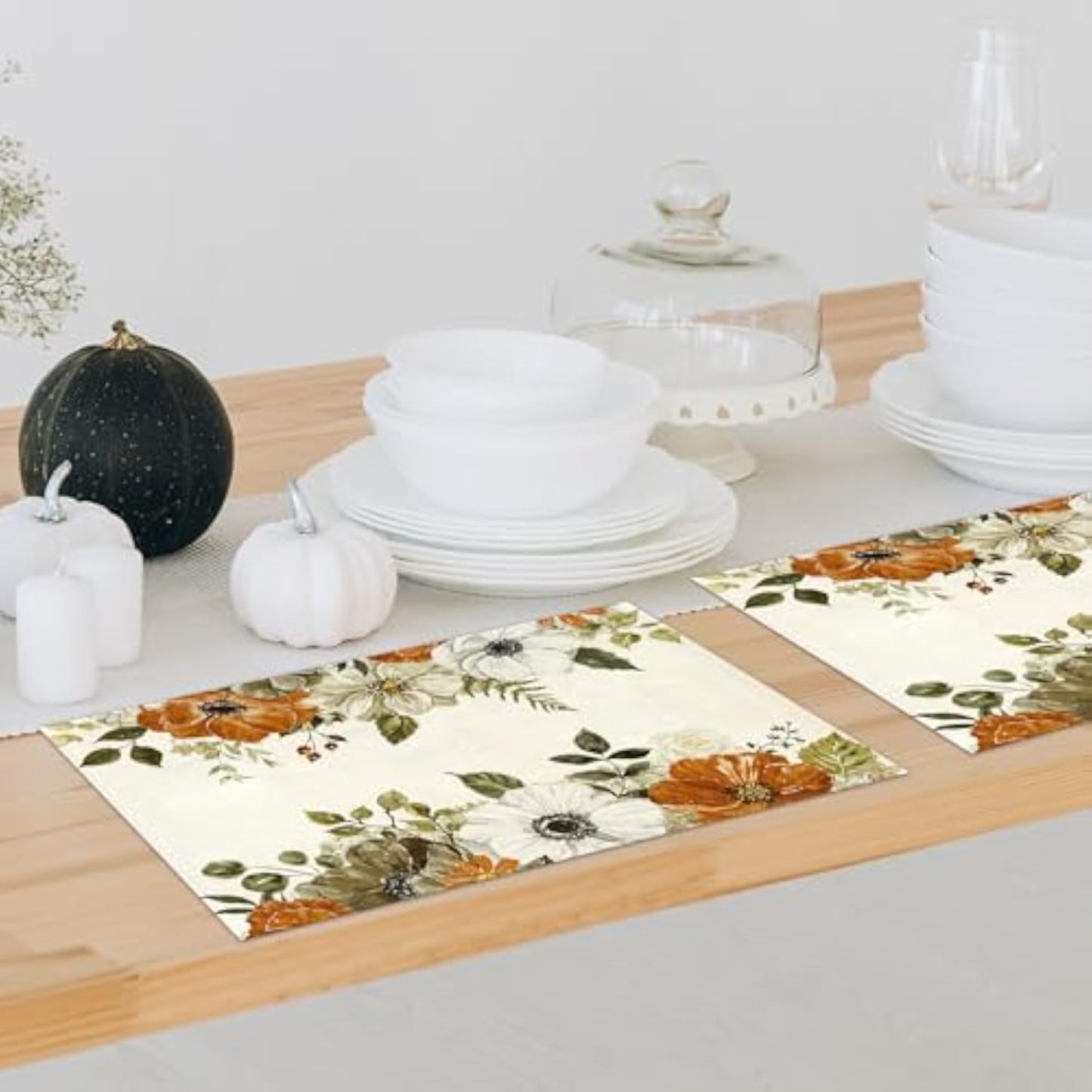 Fall Flower Placemats Set of 4, 12x18 Inch Floral Blossom Place Mats, Washable Heat Resistant Place Mats for Home Kitchen Dining Farmhouse Table, Floral Seasonal Decor-A19