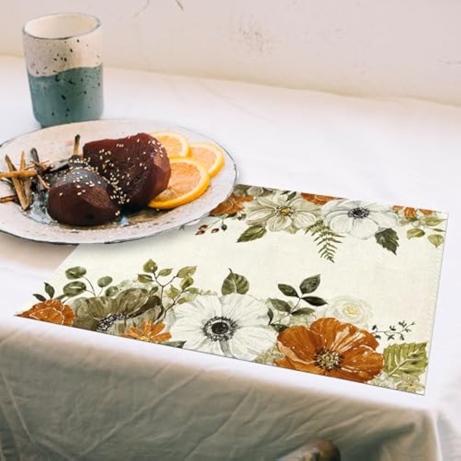 Fall Flower Placemats Set of 4, 12x18 Inch Floral Blossom Place Mats, Washable Heat Resistant Place Mats for Home Kitchen Dining Farmhouse Table, Floral Seasonal Decor-A19