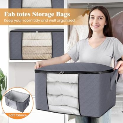 6-Pack Clothing Storage, Folding Blanket Storage Bags for Organizing Bedroom, Wardrobe, Clothes, Quilts, Organizing and Storage, with Lid and Handle, Gray