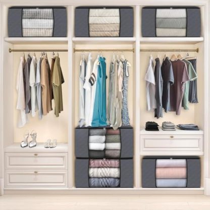 6-Pack Clothing Storage, Folding Blanket Storage Bags for Organizing Bedroom, Wardrobe, Clothes, Quilts, Organizing and Storage, with Lid and Handle, Gray