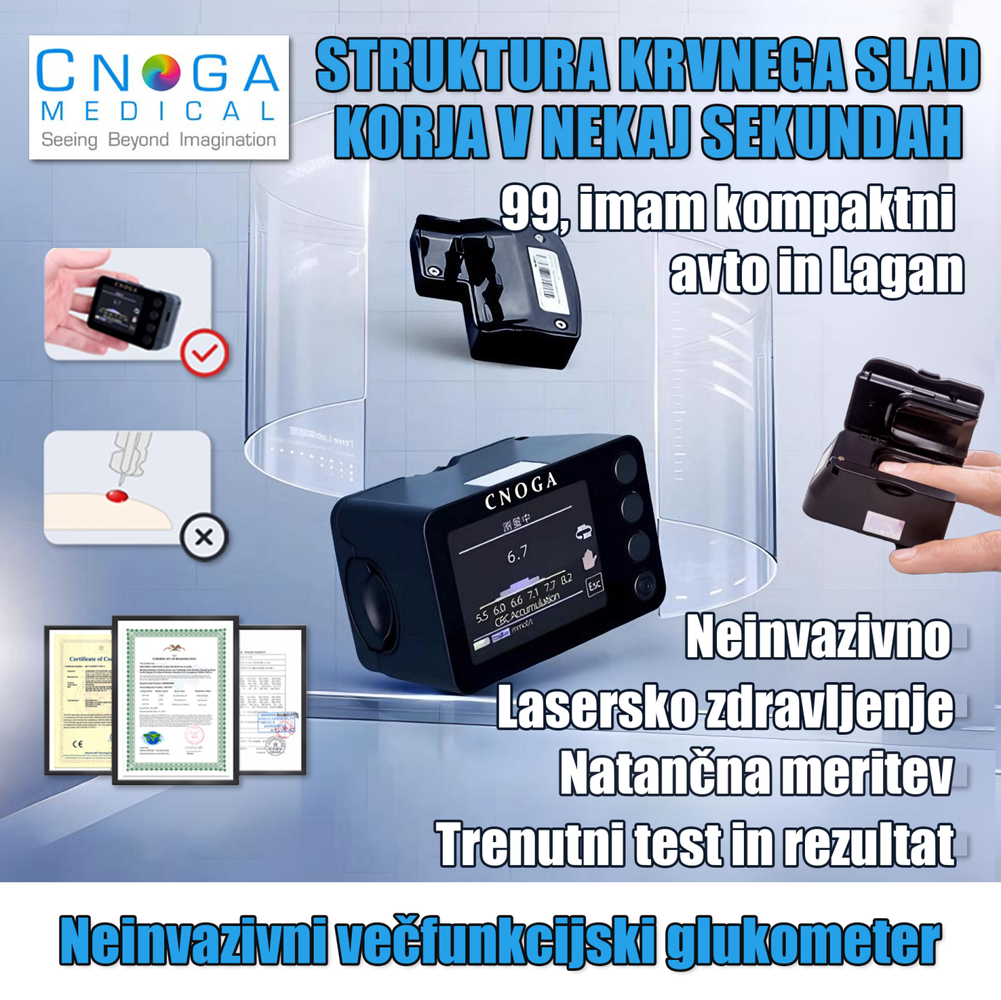 Neinvazivni multifunkcijski glukometer (več funkcij zaznavanja + lasersko zdravljenje)