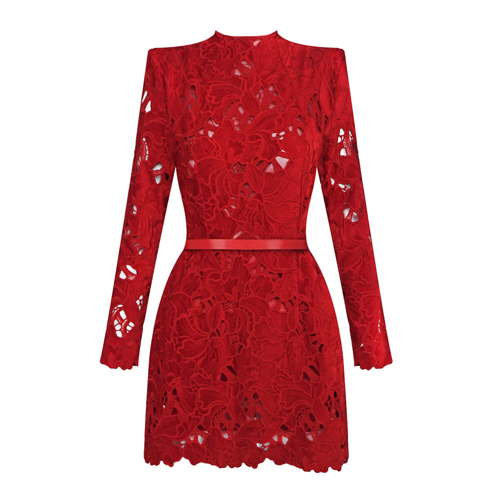 Luxurious Red Guipure Lace Mini Dress - Mock Neck Long Sleeve Party Cocktail Dress with Belt 996210072732