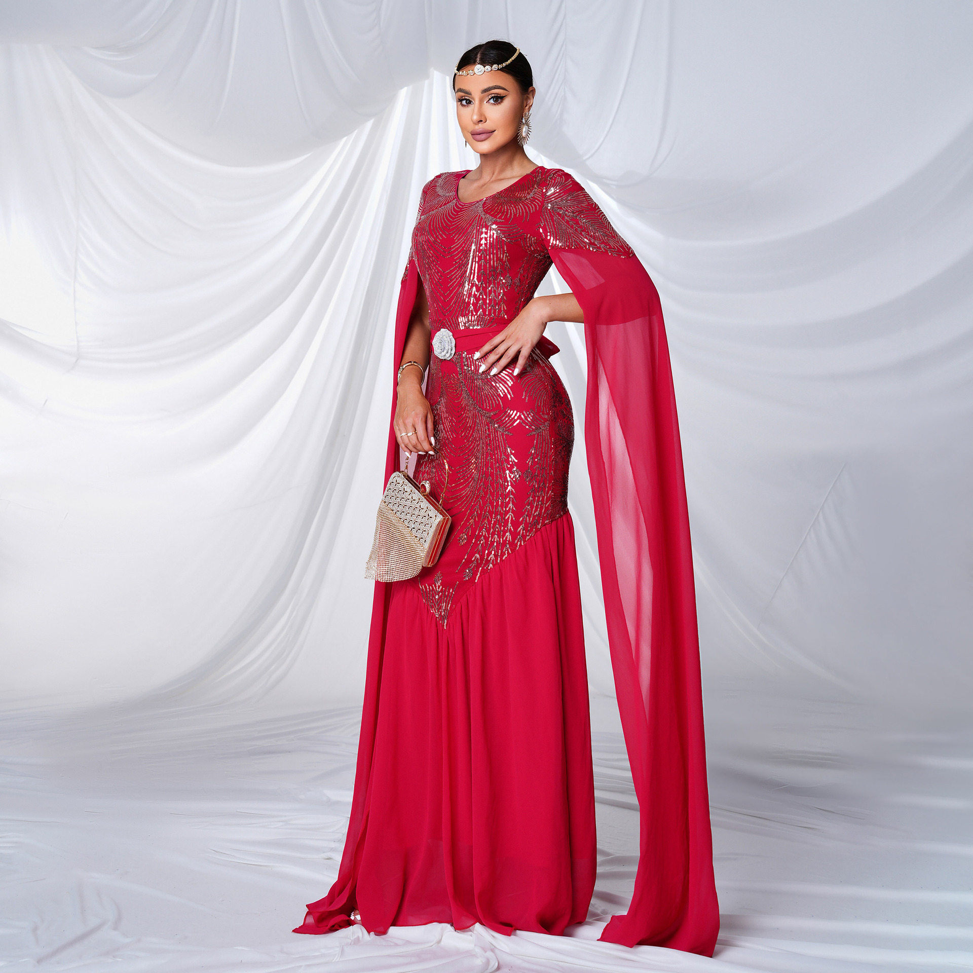 Regal Red Sequin Mermaid Gown with Flowing Cape Sleeves | Modest Arabic Kaftan Formal Dress mes00430