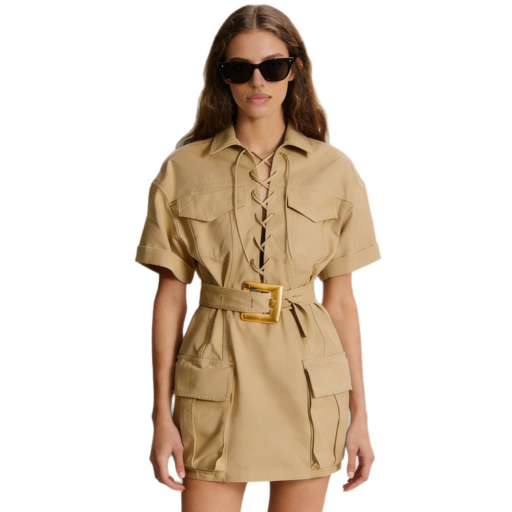 Women's Chic Khaki Utility Mini Dress - Sexy Lace-up Front Safari Cargo Dress with Belt 3093